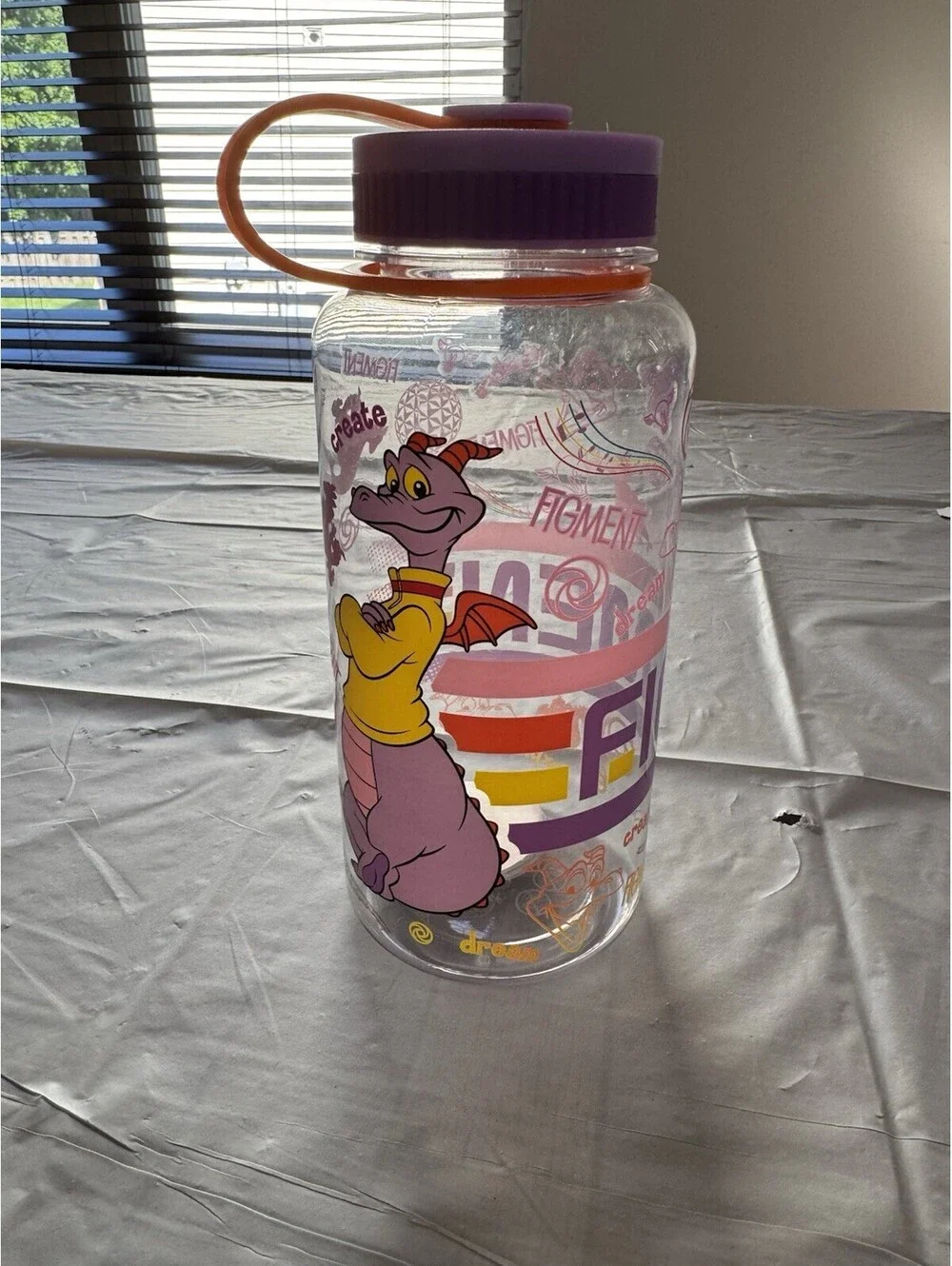 NEW Figment Water Bottle With Lid Strap Disney Parks WDW Epcot Theme Park